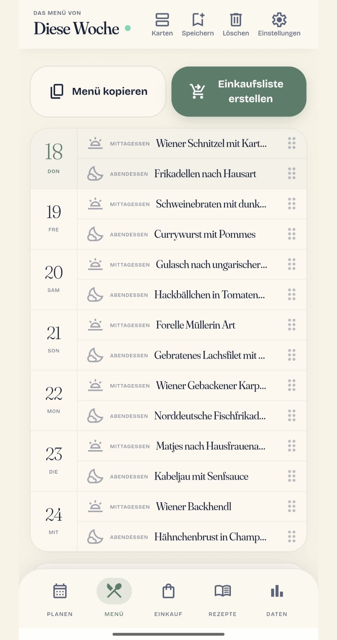 MenuPlan AI mit Mittag- und Abendessen für jeden Wochentag