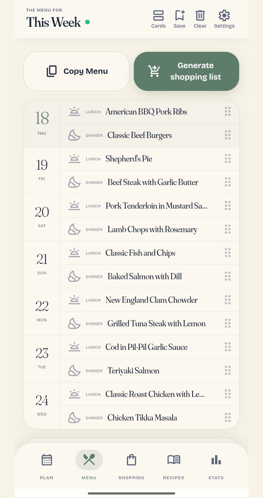 MenuPlan AI showing lunch and dinner for each day of the week