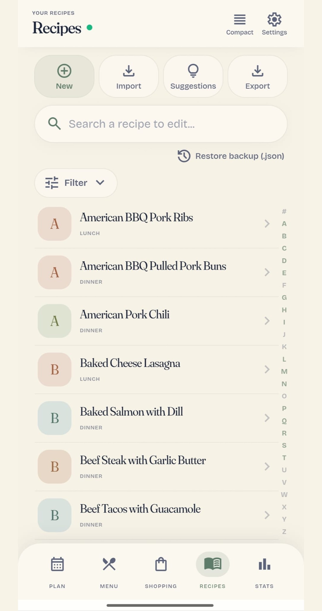 The recipe collection in MenuPlan AI with search and import controls