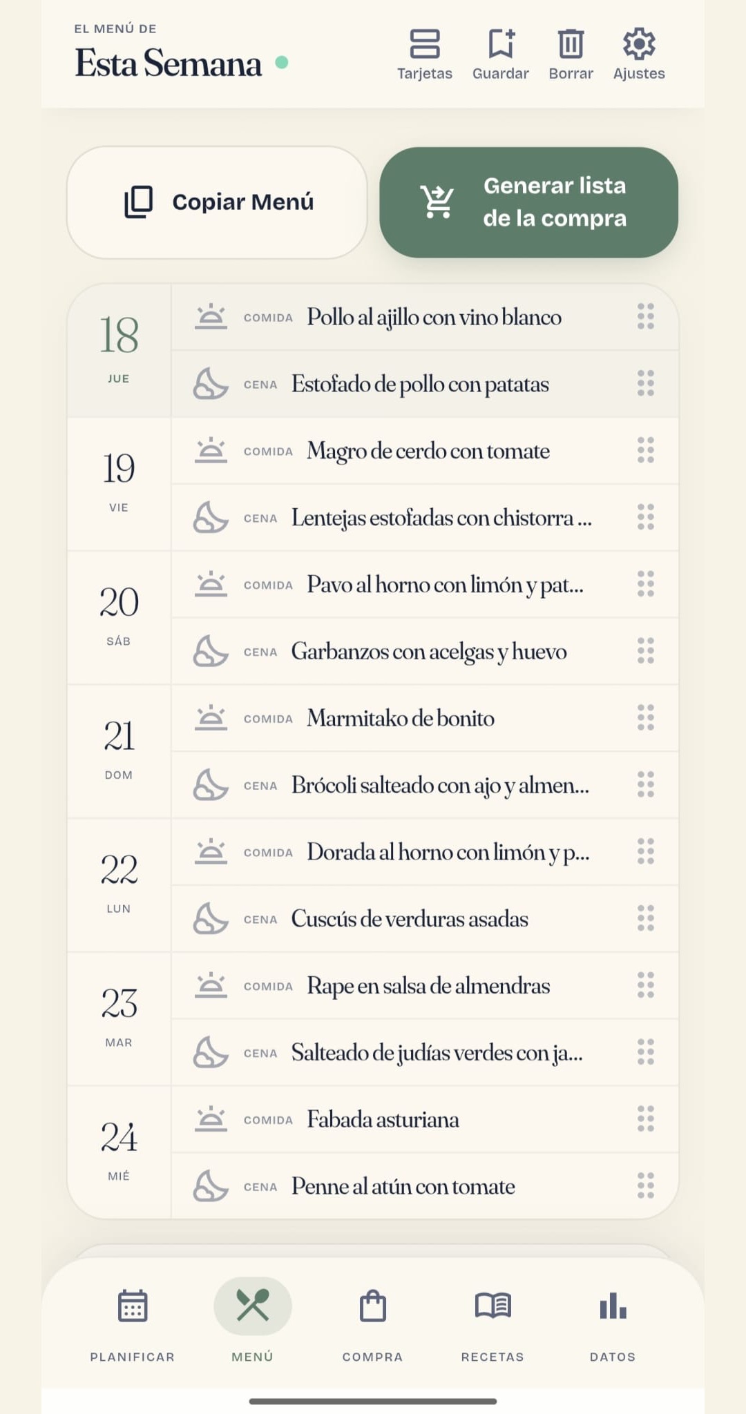 MenuPlan AI mostrando las comidas y cenas de cada día de la semana