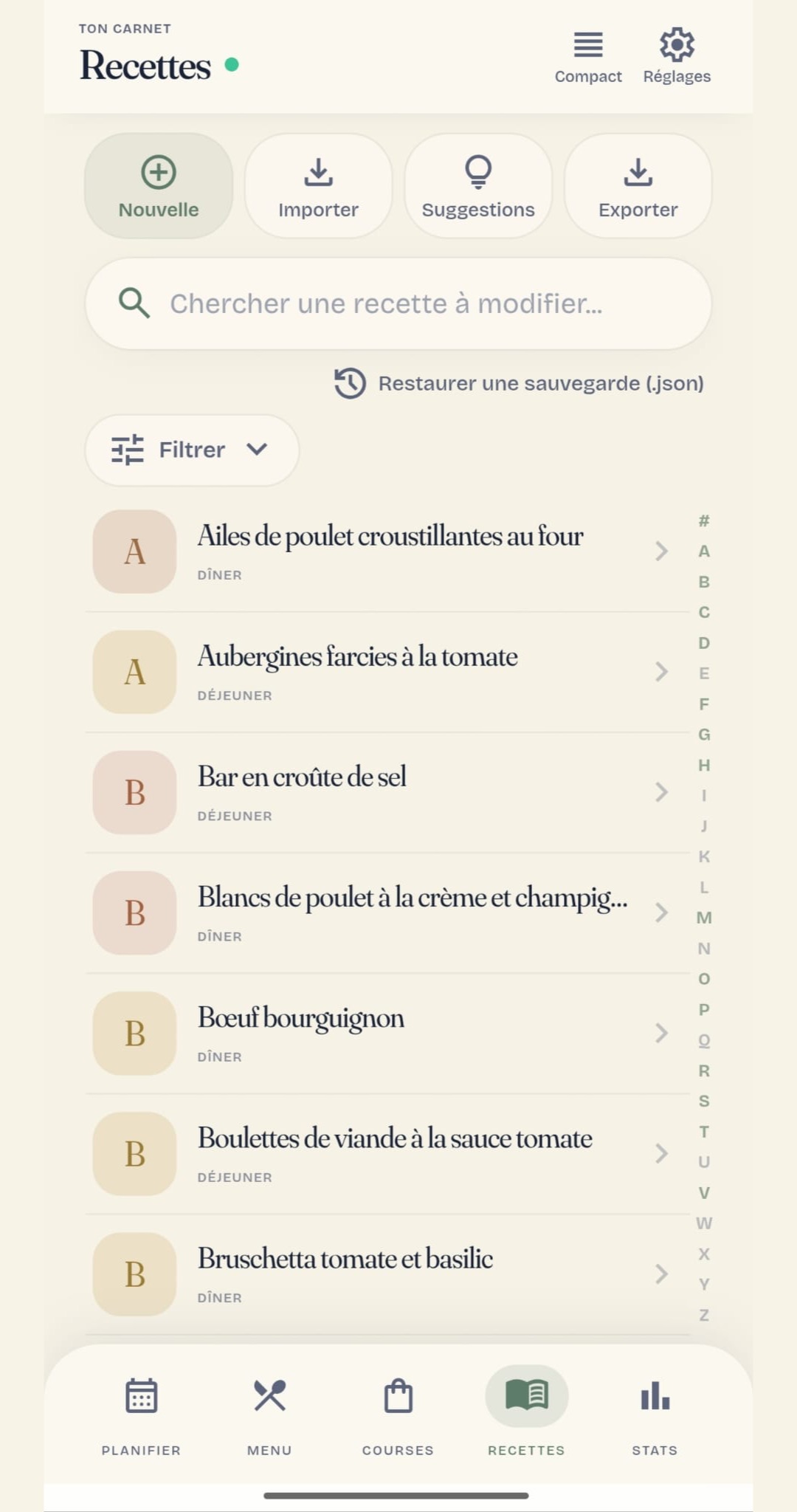 La collection de recettes de MenuPlan AI avec les commandes de recherche et d’importation