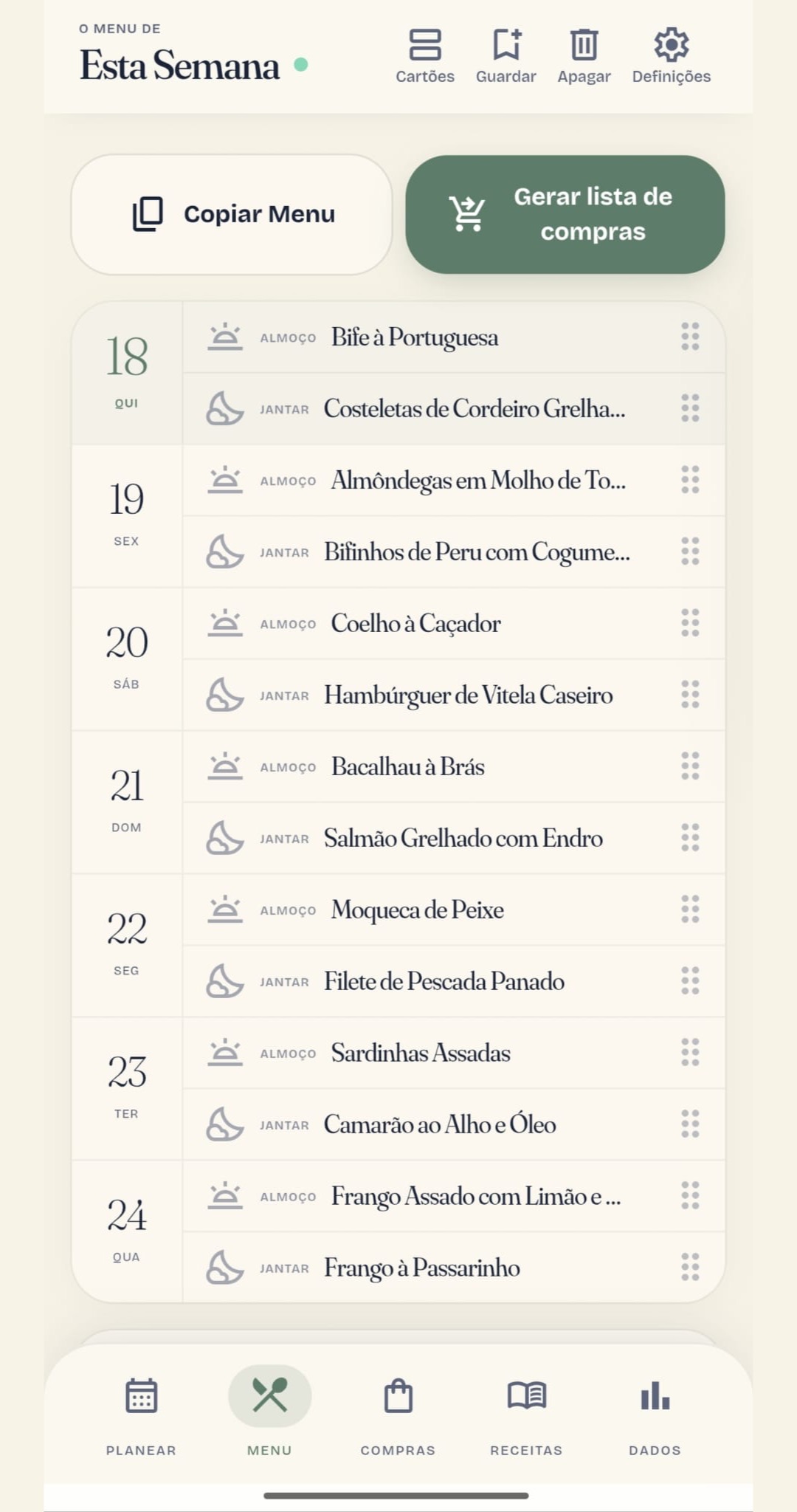 MenuPlan AI com almoços e jantares para cada dia da semana